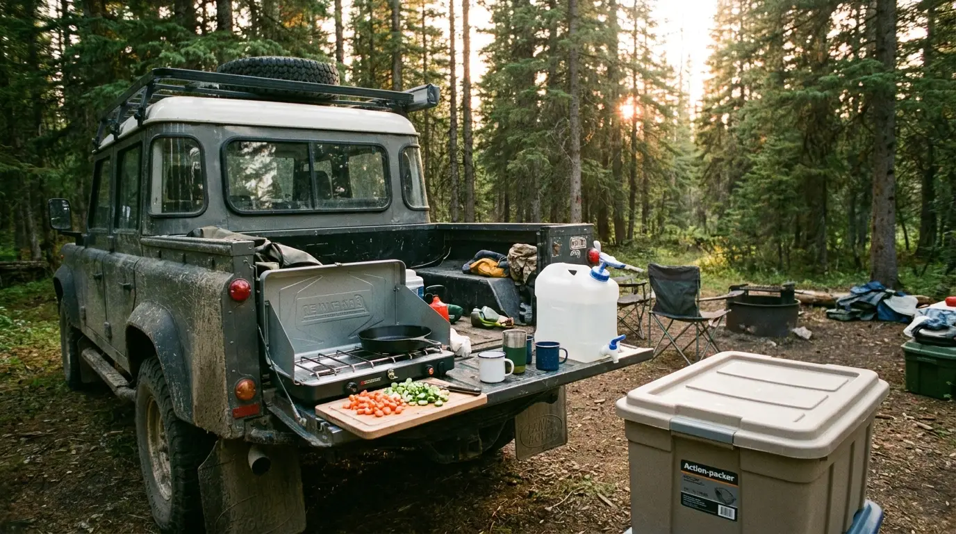 A simple overland camp kitchen set up on a truck tailgate and a plastic action-packer tote at a forest campsite, with a two-burner propane stove, cast iron pan, cutting board with vegetables, and a water jug, in warm golden evening light.