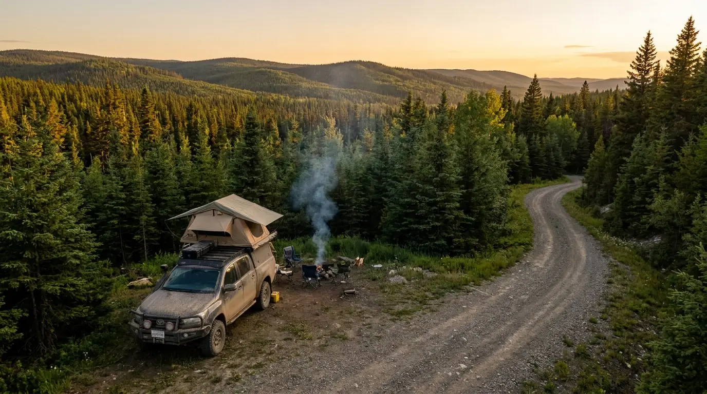 An overlanding 4x4 with a rooftop tent parked at a dispersed campsite beside a gravel forest service road in the Alberta foothills at golden hour, campfire smoke rising, no other vehicles around.