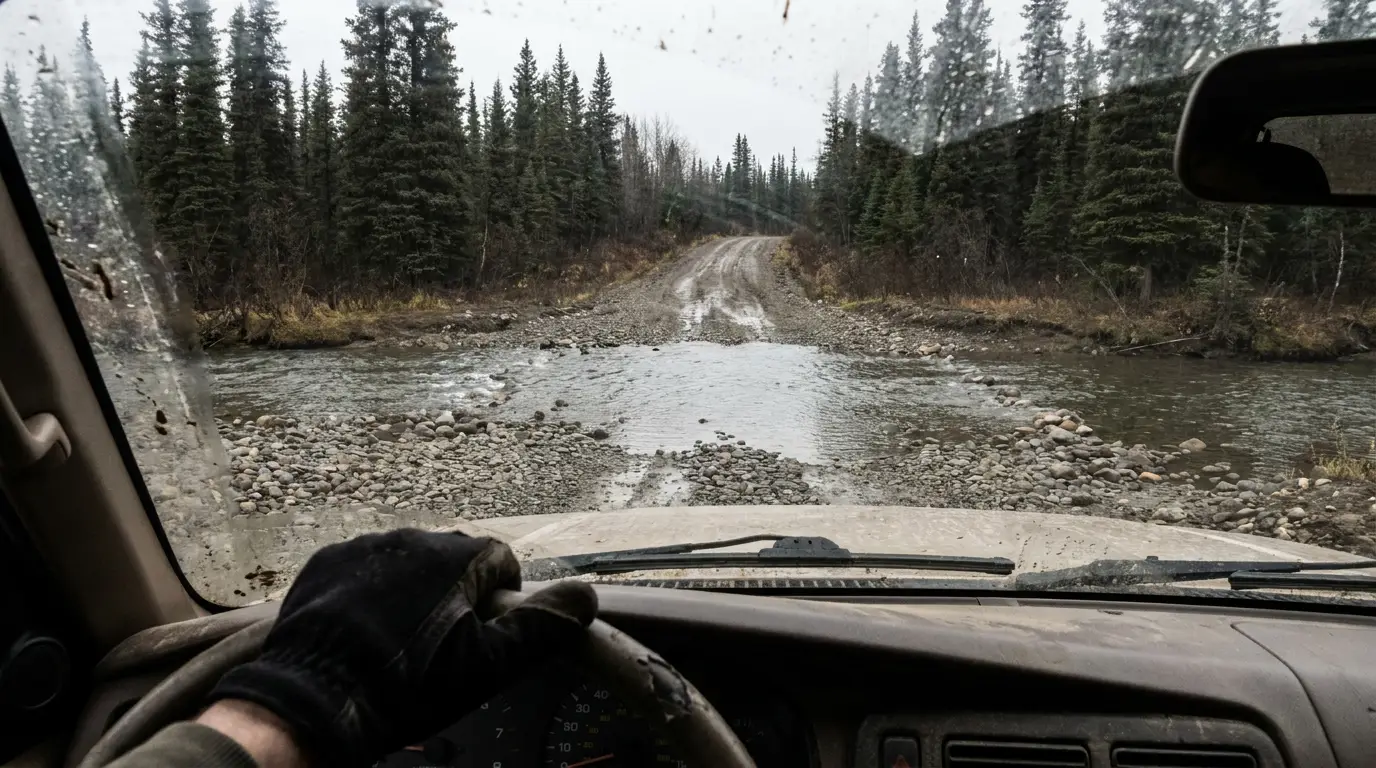 Driver's point of view through a windshield looking at a shallow river crossing over a gravel forest service road, clear water running over stones with tire tracks entering the water and spruce forest on both banks.