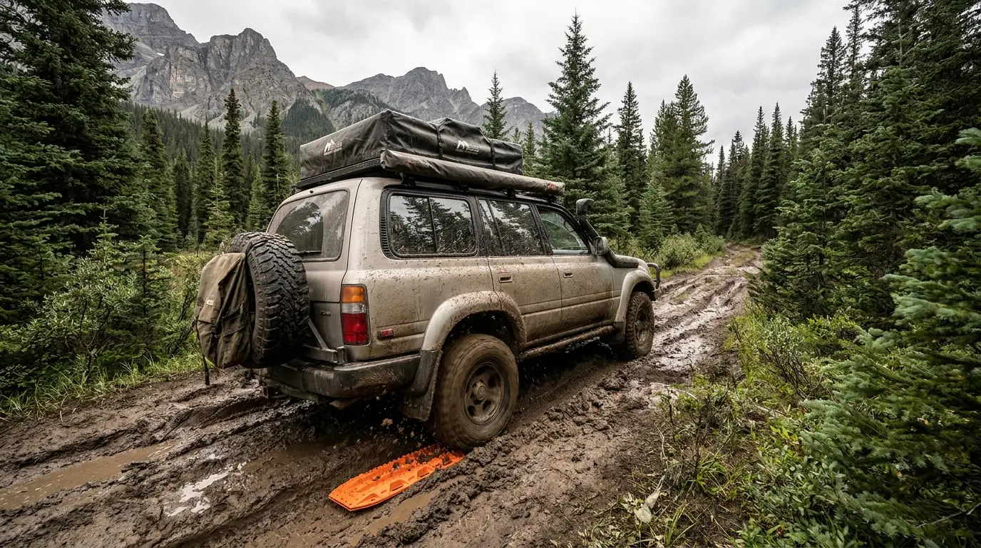 A mud-covered overlanding 4x4 with a rooftop tent bogged to the axle on a boreal forest trail, a bright orange recovery board wedged behind the spinning rear tire, Rocky Mountains behind.