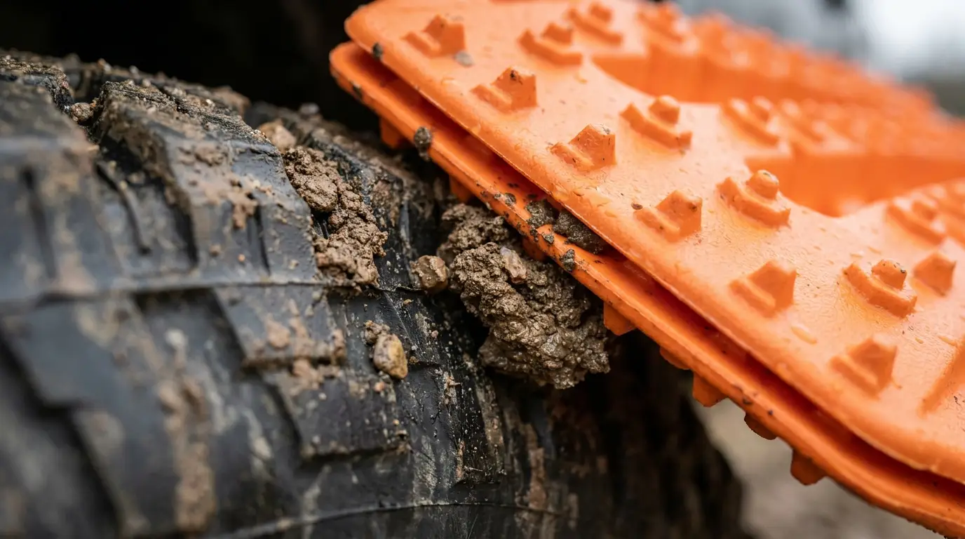 Extreme close-up of the sharp orange plastic teeth of a recovery board meshing into the muddy, chunky tread of an off-road truck tire.