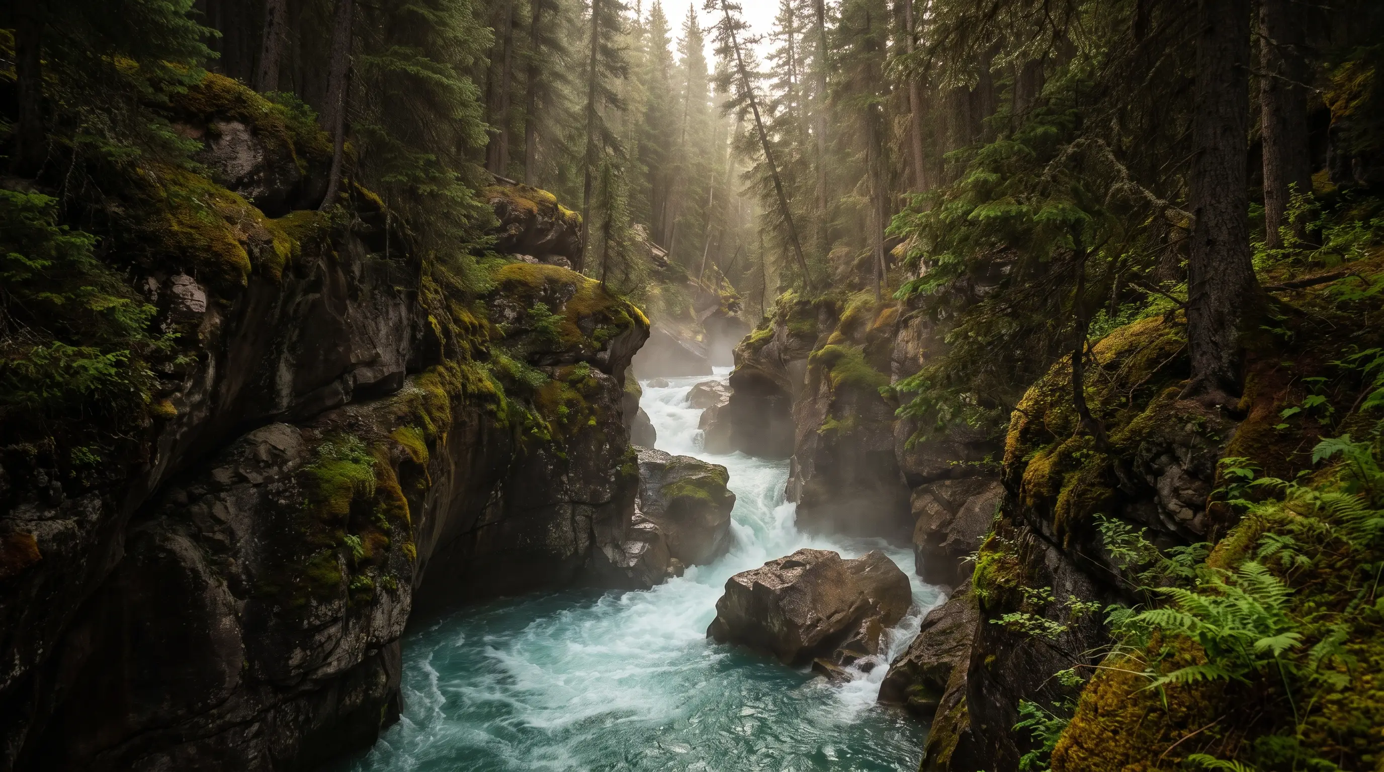 A narrow limestone slot canyon with a fast turquoise glacial river carving through moss-covered rock walls at Mistaya Canyon in the Canadian Rockies.