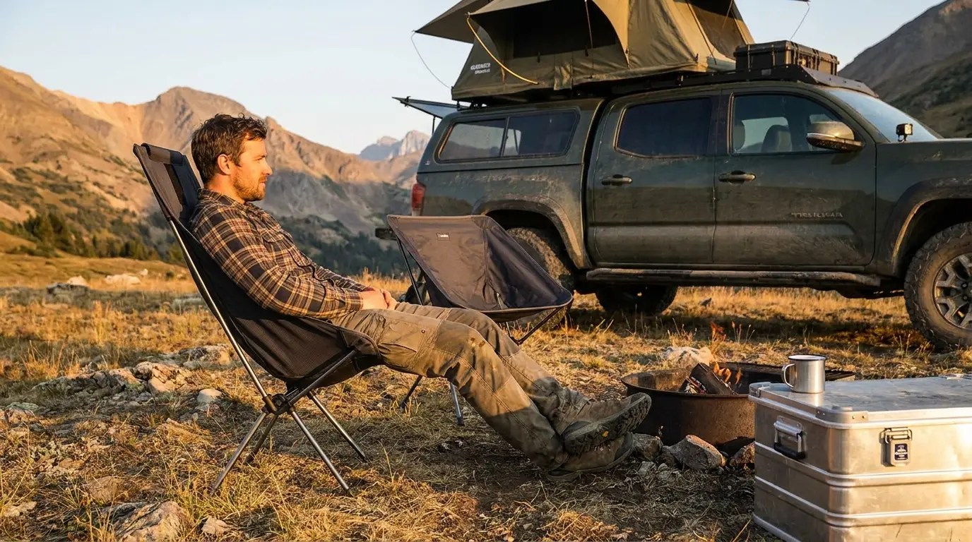 A camper relaxes in a low-slung compact camp chair with a suspended fabric seat and slim telescoping legs beside an overlanding truck with a rooftop tent in the Canadian Rockies foothills at golden hour.