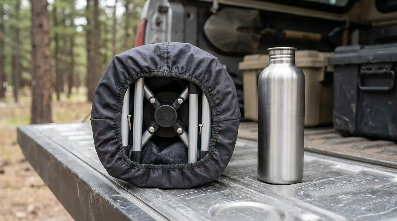 A compact camp chair folded into a small dark cylinder standing on a truck tailgate next to a one-litre stainless steel water bottle, showing telescoping legs and locking pins tucked inside.
