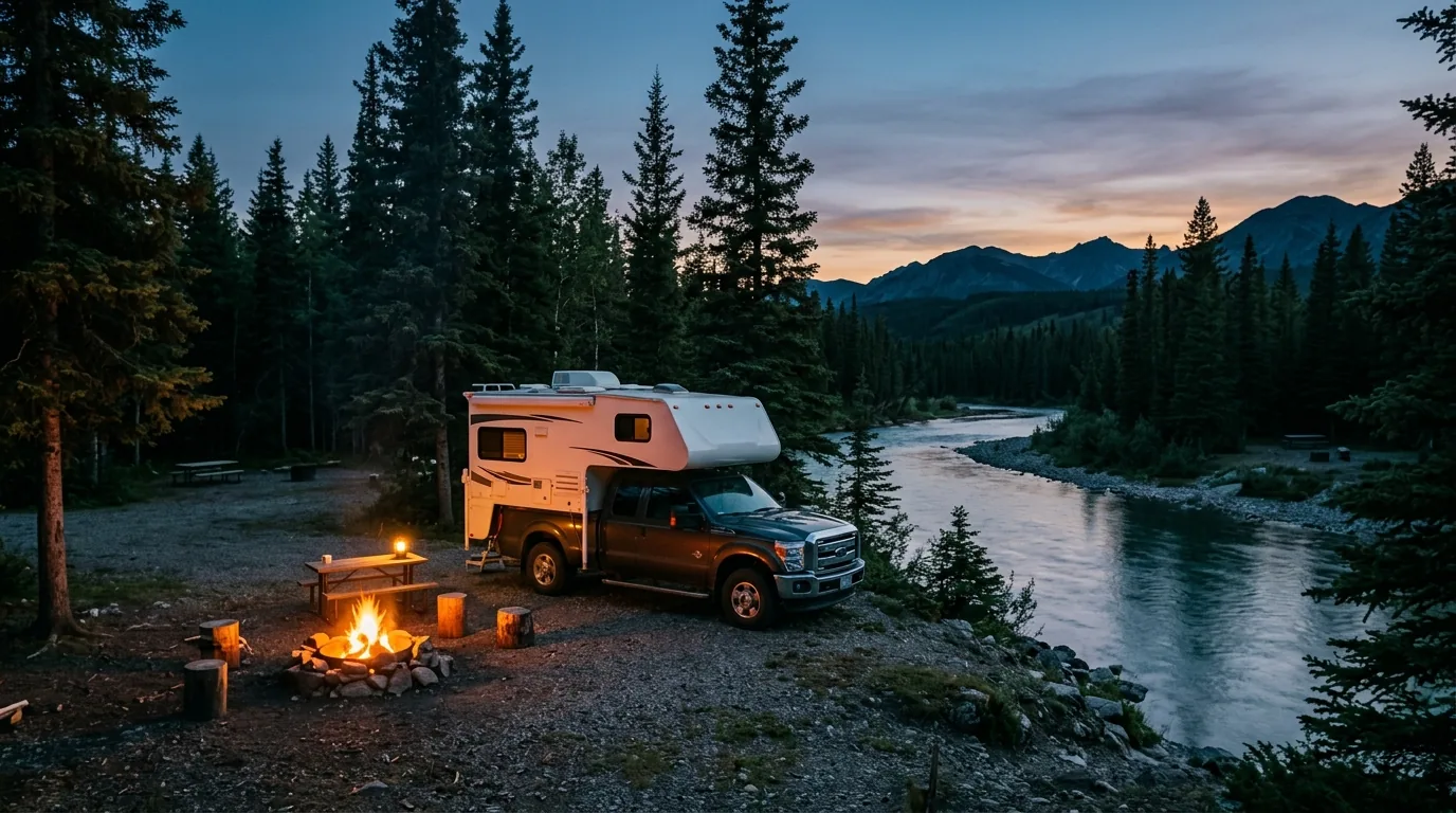 A single truck camper parked at a treed riverside campground at dusk with a glowing campfire and every other campsite empty, spruce forest and foothills behind.