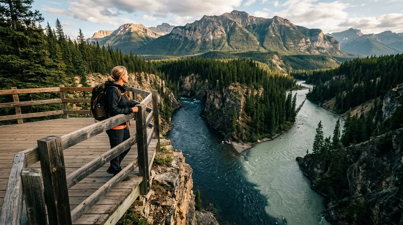 A hiker stands at the railing of a wooden viewing platform on a cliff edge above the confluence of two rivers with different colours, one milky glacial grey and one clear blue, between steep forested canyon walls.