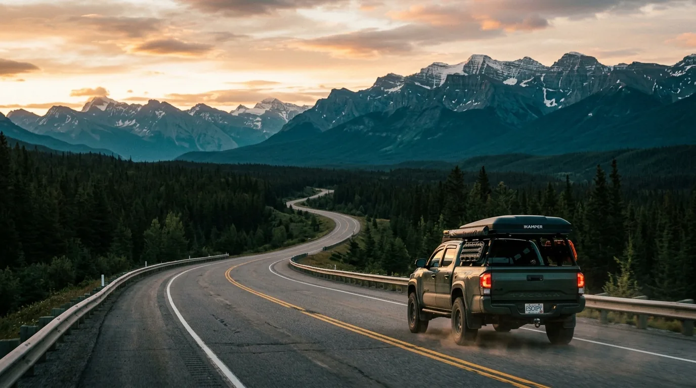 An overland pickup truck with a rooftop tent drives north on an empty paved two-lane highway through dark spruce foothills toward distant blue Rocky Mountain ranges in early morning light.