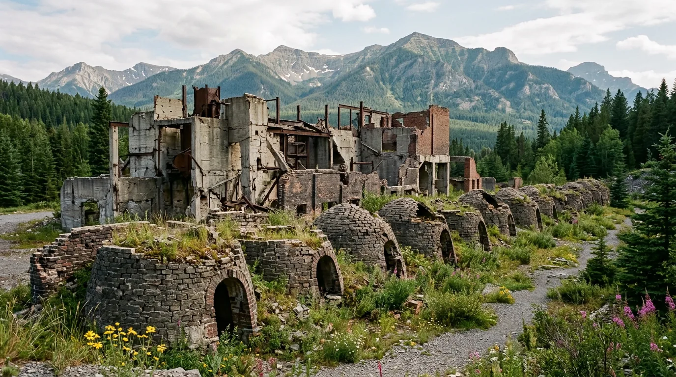 A row of crumbling stone beehive coke ovens overgrown with grass and wildflowers, with the ruined walls of an early-1900s coal processing plant behind and forested Crowsnest Pass mountain ridges rising in the distance.