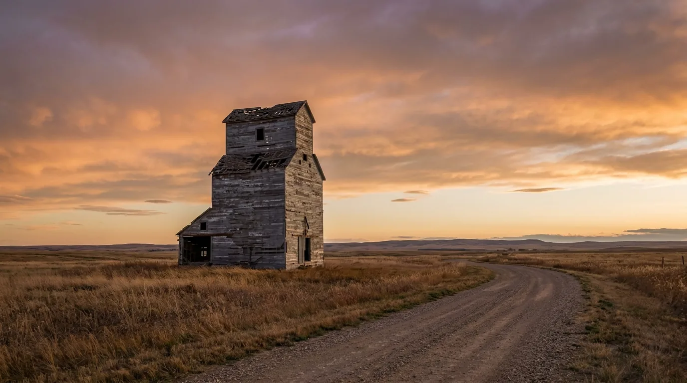 A lone weathered wooden grain elevator with a partly collapsed roof stands abandoned on empty southern Alberta prairie at golden hour, a gravel road curving toward it under a dramatic sky.