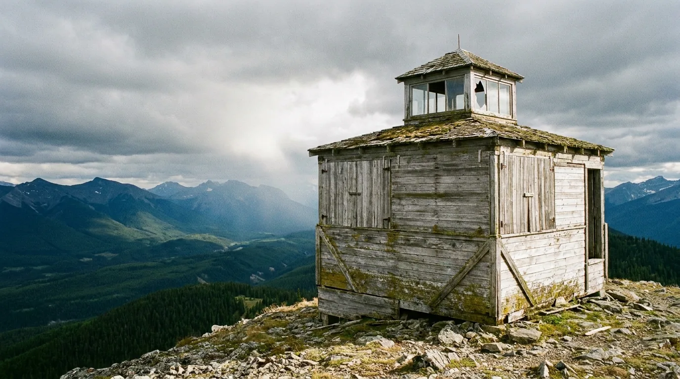 An old weathered wooden fire lookout tower with a small glass cupola cabin and one broken window stands on a rocky windswept ridge in the Alberta Rockies foothills, overlooking forested valleys and distant blue peaks under moody overcast light.