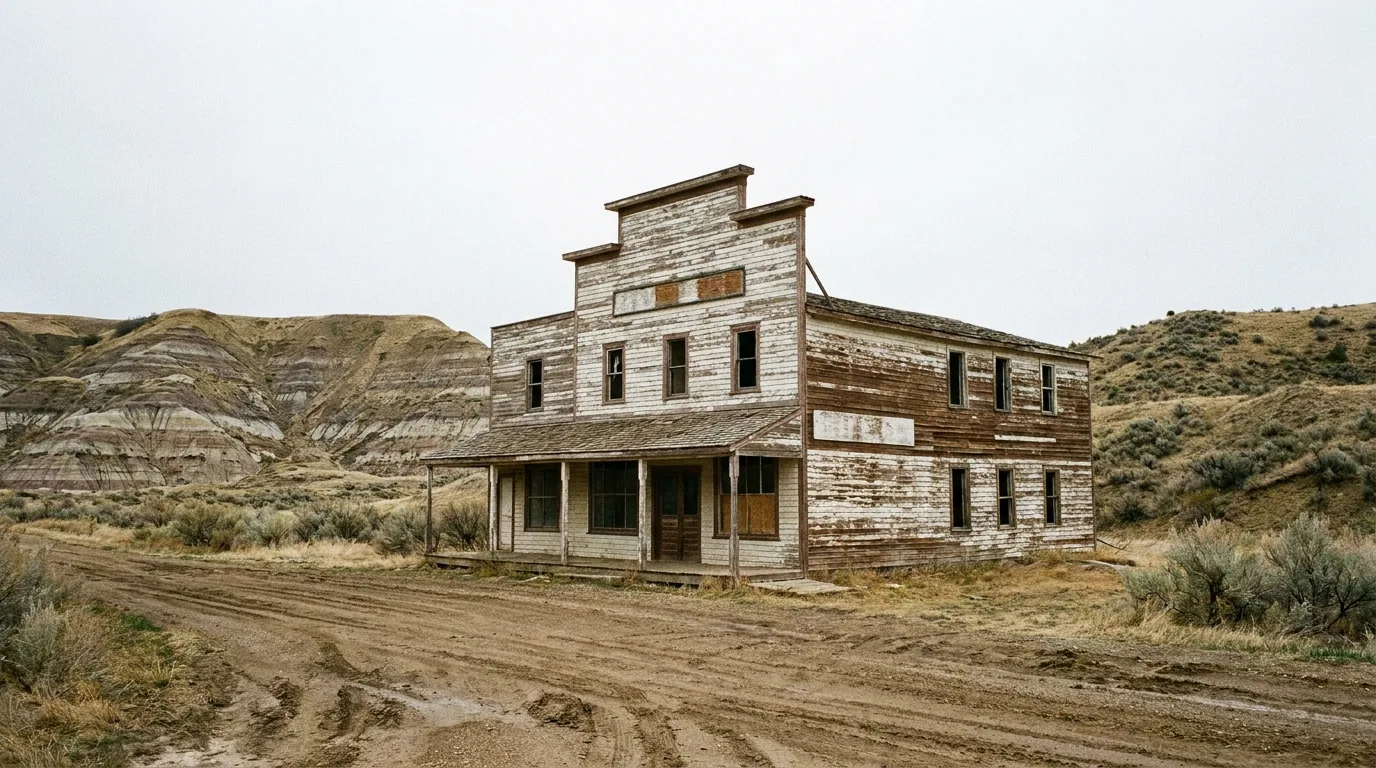 A weathered two-storey wooden false-front prairie hotel and saloon with peeling paint and a covered porch stands on an empty dirt street in a badlands valley, striped coulees rising behind under soft overcast light.