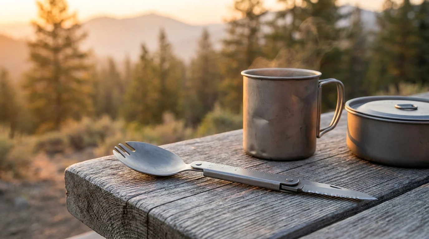 A folding titanium eating multi-tool with a machined spoon-and-fork head, engraved measuring marks along the handle and a short serrated blade partly folded out, lying on a weathered wooden picnic table beside a steaming titanium camp mug at a backcountry campsite in the Canadian Rockies foothills at golden hour.